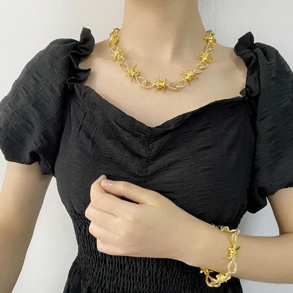 

full crystal streetwear punk necklace thorn clavicle chain set barbed wire brambles necklace full bracelet with rhinestones gift, Golden;silver