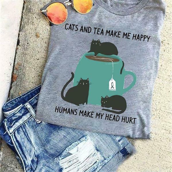 

cats and tea make me happy cat lovers t shirt grey cotton men s-3xl loose size tee shirt