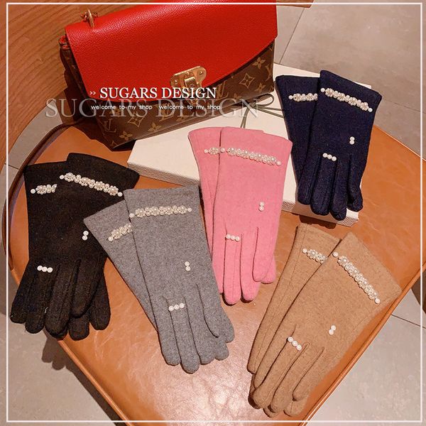 

five fingers gloves 2021 winter women , pearl flower lady woolen elegant thick girls mittens ,warm fashion golves, Blue;gray