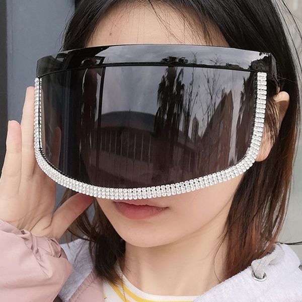 

2020 super big frame crystal shield sunglasses for women vintage black clear rhinestones sun glasses female sunscreen shades, White;black