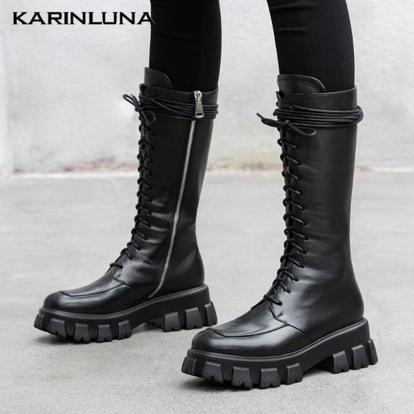 

boots karin large size 43 fashion 2021 brand genuine leather shoelaces platform chunky heels woman shoes motorcycles, Black