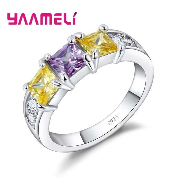 

cluster rings simple and elegant yellow purple square crystal stone ring wedding ceremony jewelry 925 sterling silver for women gift, Golden;silver