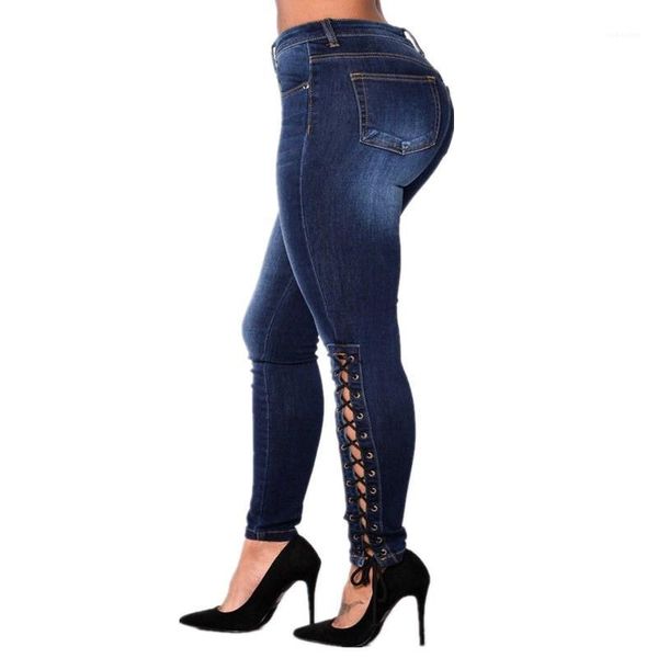 

washed pencil pants female casual ribbon denim pants womens dark blue skinny jeans womens
