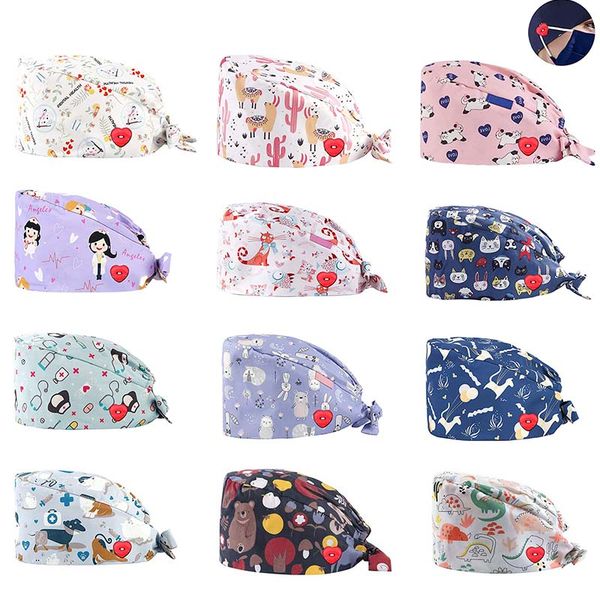 

women scrubs caps with button ultra-thin breathable cartoon printed adjustable hats reuseable bouffant caps hats accessories, Blue;gray