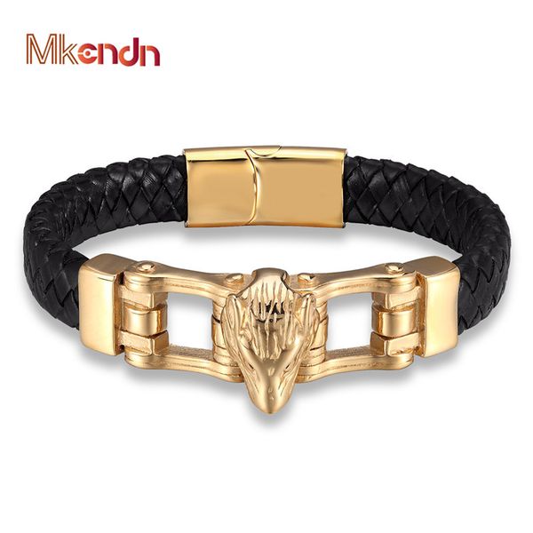 

charm bracelets mkendn genuine leather bracelet for men vikings wolf leopard hand gold magnet handmade punk jewelry, Golden;silver