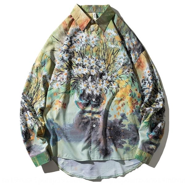 

осень новый потерять модных цветочный мужской случайный кардиган отворот верхней корейский стиль рубашки большого размера с длинным рукавом, Blue