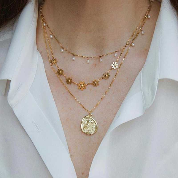 

huatang vintage 3 layer flower pearl pendant necklace for women multilayer gold coin clavicle chain collares jewelry on the neck, Silver
