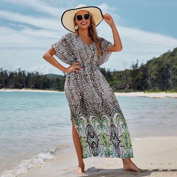 

leopard maxi dress drawstring boho long robe split summer beach wrap, Black;gray