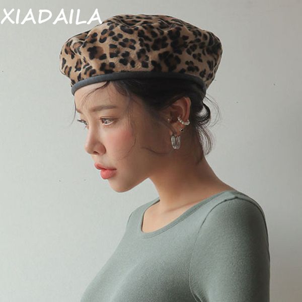 

berets leopard beret female autumn winter hats for women vintage painter flat cap boina feminina fashion pu leather brim beanie, Blue;gray