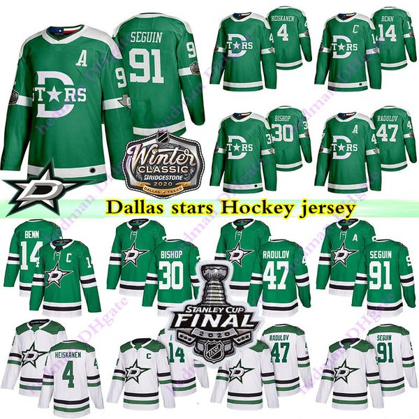 

dallas stars jerseys 91 tyler seguin 47 alexander radulov 14 jamie benn 4 miro heiskanen 30 ben bishop hockey jersey, Black;red