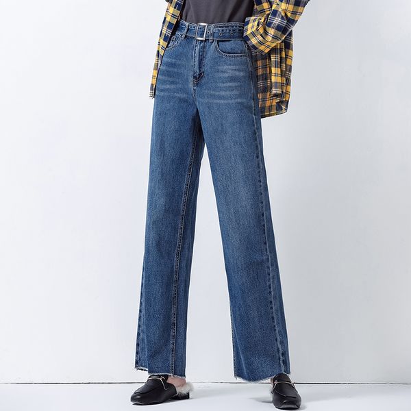

women's jeans europe women denim wide leg pants elegant straignt with belt, Blue
