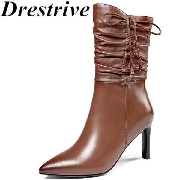

drestrive cow leather women's mid calf boots thin heels pointed toe black zipper butterfly knot folds 2020 fashion winter shoes