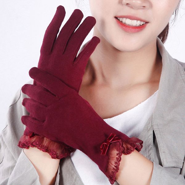 

five fingers gloves fashion touch screen warm lace women elegant autumn winter long full finger glove mittens bow decorations guantes, Blue;gray