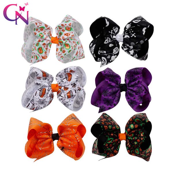 

6 colors 12 pcs 6 " halloween printed hair bows pumpkin spider web kids hair clips for girls festival knotted accessories, Slivery;white