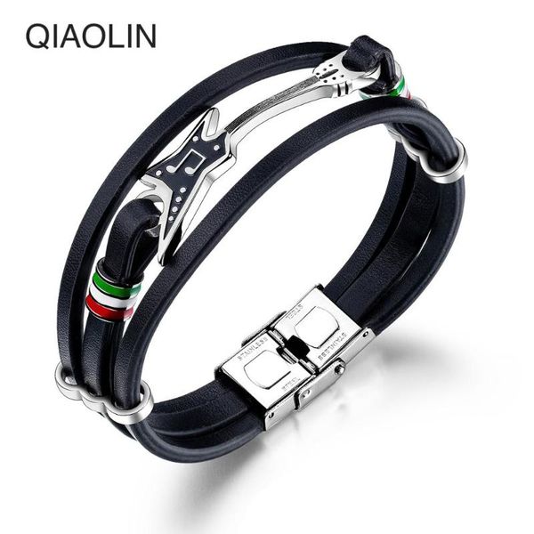 

charm bracelets punk personality men's leather bracelet unique stainless steel guitar multilayer braided rope bangle men pendant gift, Golden;silver