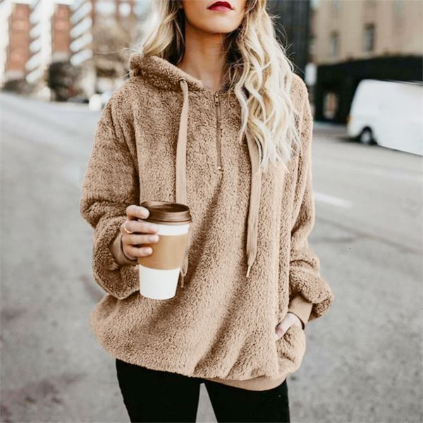 

women warm fleece hooded fluffy hooded sweatshirt zipper hoodies winter thicken casual coat drop shipping good quality, Black