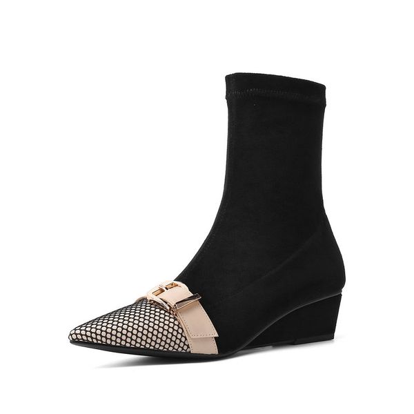 

elegant side zipper shoes woman cow suede leather pointed toe wedged 5cm heels ankle boots winter party winter boots, Black