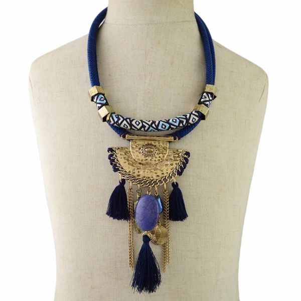

chokers turkish ethnic gypsy leather rope long fringe tassel pendant necklace for women bohemian handmade tribal jewelry, Golden;silver