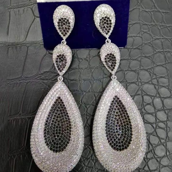

godki 90mm luxury tricolor dangle earrings trendy cubic zircon wedding engagement party gold earrings for women 2020, Silver