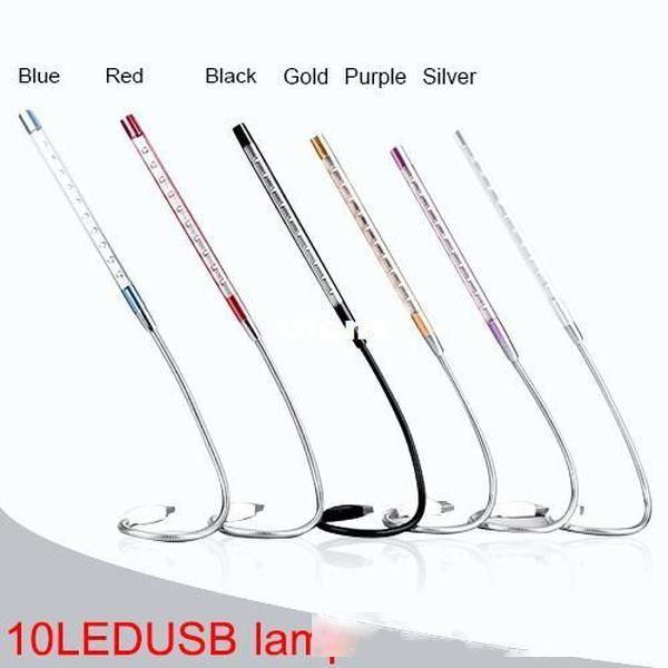 

metal material led usb light book lamps 10 leds flexible 6 colors reading bulb for notebook lappc computer