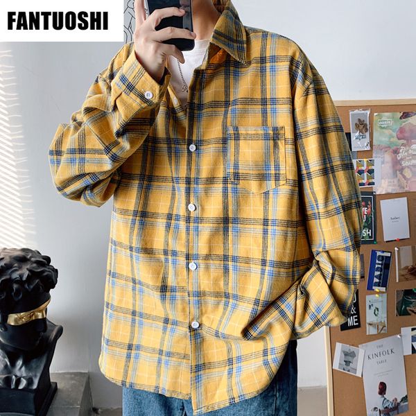 

2020 new men 's loose plaid shirt casual student shirts for men plaid long sleeve shirt spring and autumn matching male, White;black