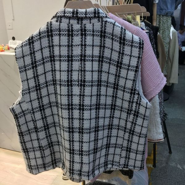 

women's vests office ladies casual suits vest plaid sleeveless jacket women lapel collar loose fit waistcoat badge outerwear coat size, Black;white