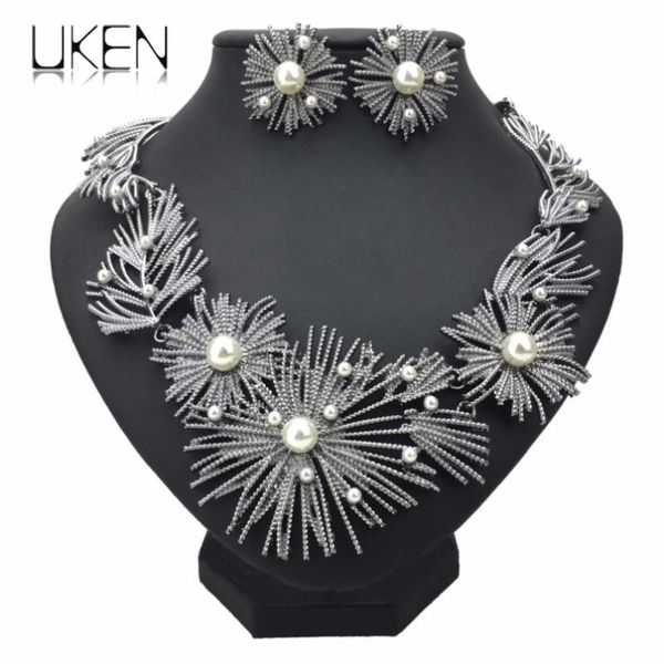 

imitation pearl big flower statement necklace set woman wedding set african metal bridal earrings necklace jewelry sets uken, Silver