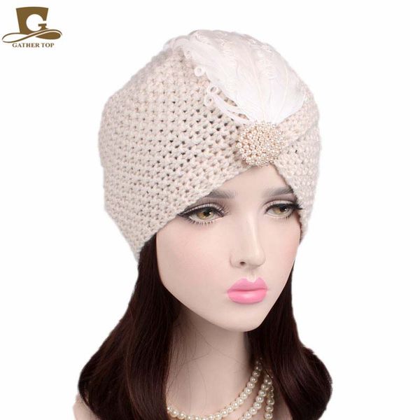 

new women noble knit turban beanie cap feather costume arabian prince hat winter crochet handmade cap, Blue;gray