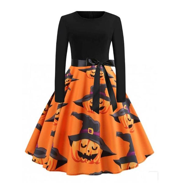 

casual dresses 2021 long sleeve women dress pumpkin print halloween hepburn flare high waist autumn winter female vintage f824, Black;gray