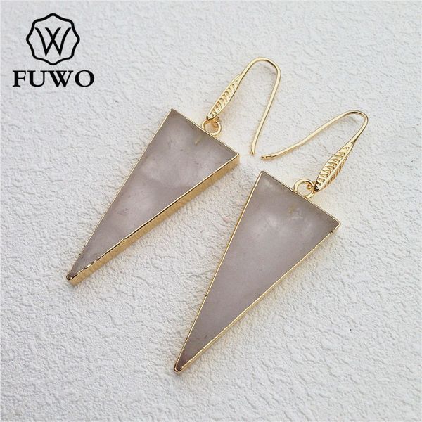 

fuwo natural crystal quartz triangle earrings with gold electroplate elegant minimalist crystal dangle earrings jewelry er001, Silver