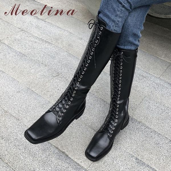 

meotina winter knee high boots women natural genuine leather thick heel long boots zipper square toe shoes ladies autumn size 39, Black