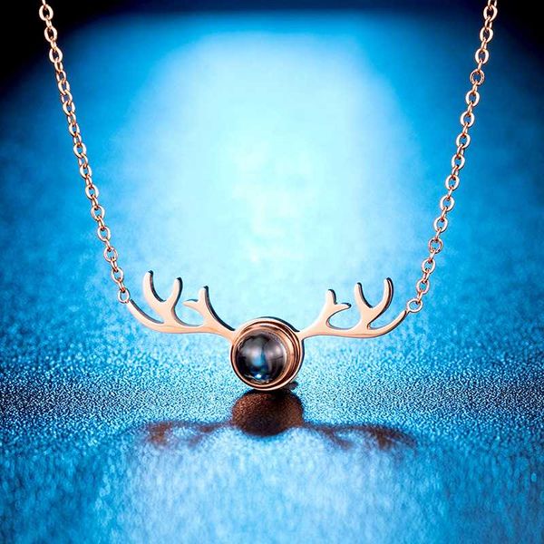 

necklace women antlers pendant rose gold necklace stainless steel couple pendant delicate crystal100 languages jewelry, Silver