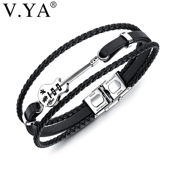 

v.ya multilayer genuine leather diy guitar man bracelets classical engrave rope chain design men jewelry magnet buckle drop ship, Black
