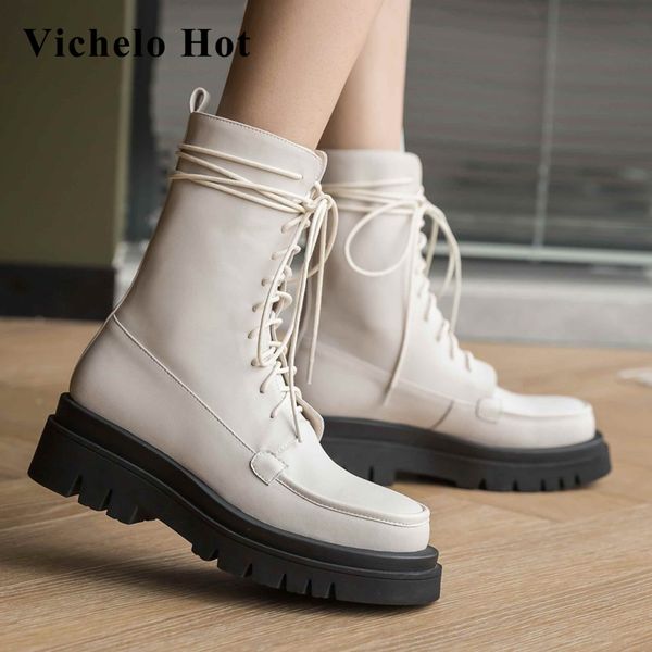 

vichelo genuine leather mixed colors handmade round toe thick high heels lace up cross-tied mid-calf boots l01, Black