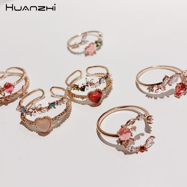

cluster rings huanzhi 2021 korean sweet red love heart cubic zircon crystal flower adjustable for women girls party jewelry, Golden;silver