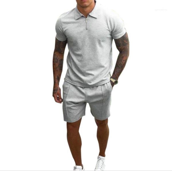 

sets mens summer 2pcs solid tracksuits men fashion patchwort zipper lapel neck tshirts with knee length suits man casual loose, Gray