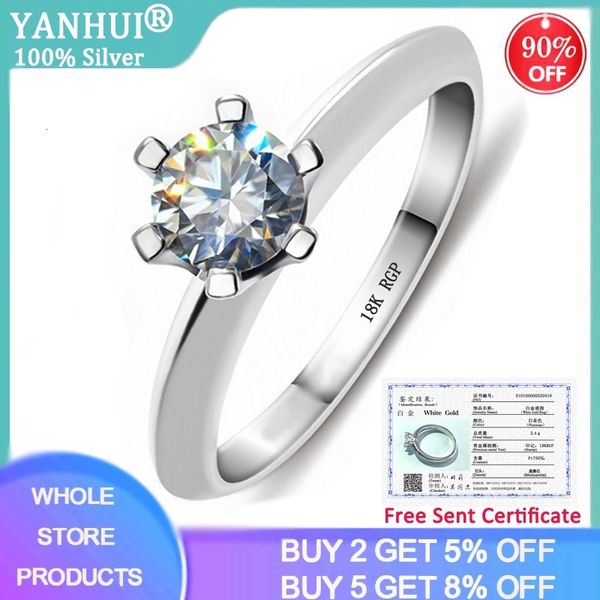 

yanhui with certificate 925 silver ring solitaire 1 carat zirconia diamond rings pure 18k gold pt wedding band women gift r018