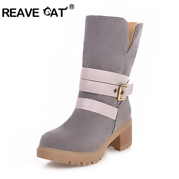 

reave cat womens winter shoes ankle boots faux suede leather boot warm thick fur square heels footewar bottes botas big size 46, Black