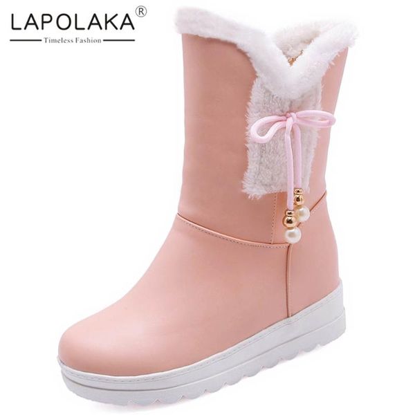

lapolaka новые поступления большой размер 30-42 сладкий bowtie обувь женщина boots добавить меховые повышение heels платформы зимние ботинки, Black