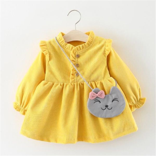 

2020 new autumn children clothing girls long sleeve skirt shirt solid color base skirt give away cat satchel girls dress, Red;yellow