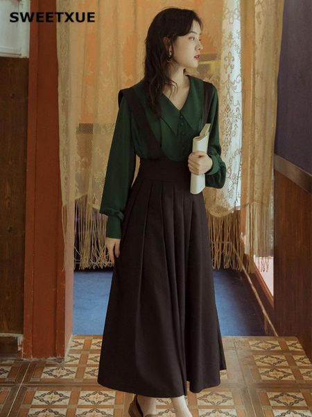 

sweetxue vintage elegant comfortable dark green blouse + black strap skirt temperament chic two-piece set fashion women, Gray