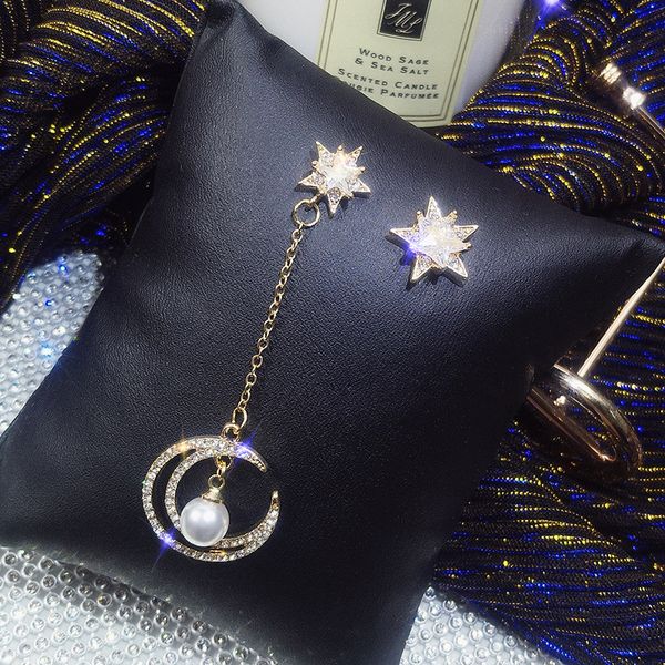 

2020 fashion jewelry asymmetric dream star moon earrings full crystal luxury long women earrings gift, Silver