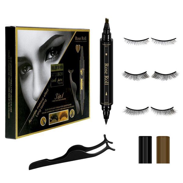 Matita per sopracciglia Matita per eyeliner Set per trucco 3 paia di ciglia finte non magnetiche con set di pinzette