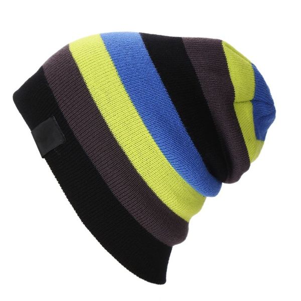 

women men winter slouchy baggy knitted beanie hat rainbow contrast color stripes hip hop snow skiing ear warmer sport skull cap