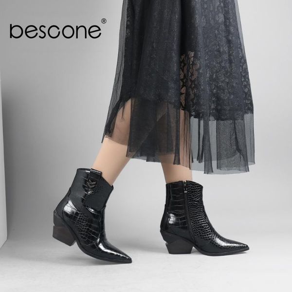 

bescone winter ladies mid-calf boots handmade pointed toe black zipper square heel shoes women new microfiber outside boots h5
