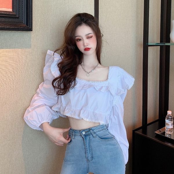 

women's blouses & shirts blusas mujer de moda feminina ulzzang korean women crop ruffles harajuku sweet spring fall fashion brand, White