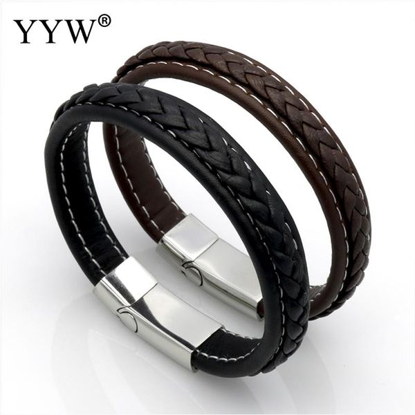 

genuine leather bracelet men stainless steel leather braid bracelet with magnetic buckle clasp pulseiras masculina, Black