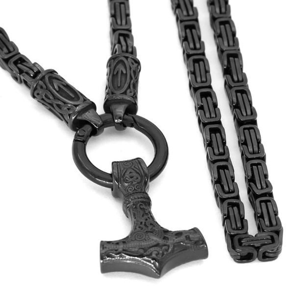 

nordic viking rune with thor hammer pendant necklace stainless steel -king chain with valknut gift bag, Silver