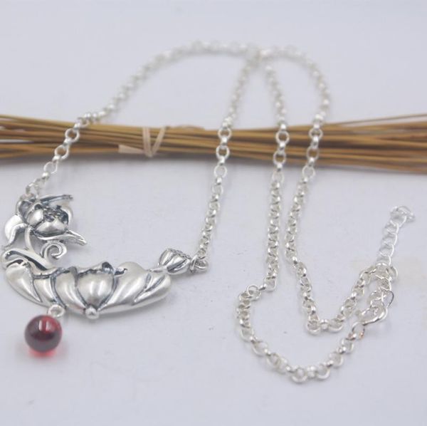 

real s925 silver necklace women's red garnet ball lotus leaf retro link 17.7''l new gift