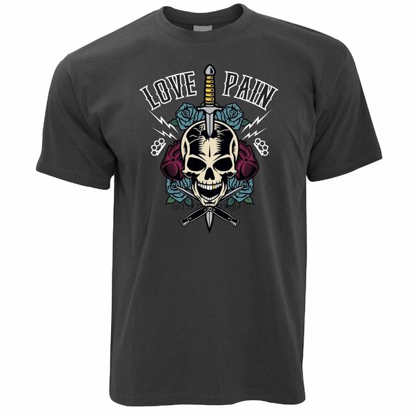 

skull t shirt love and pain illustration tattoo roses and knives
